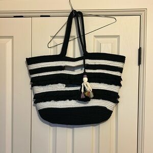Stella & Dot Handcrafted Black and White Striped Tote with Tassel Charm